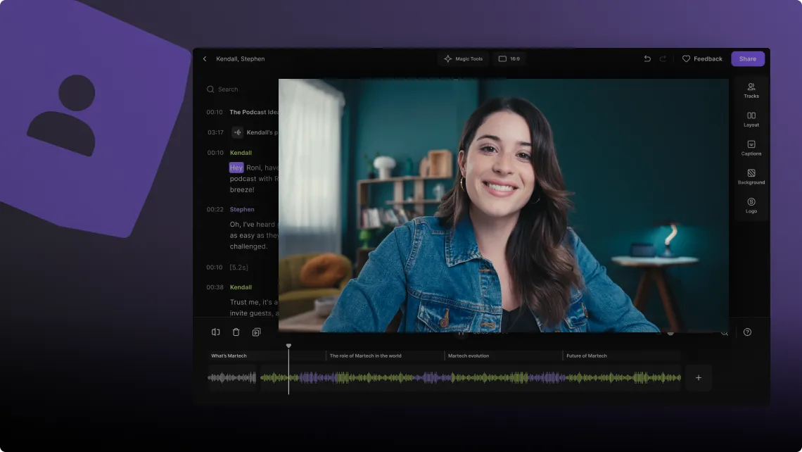 User interface of a video editing or podcast platform showing a woman smiling on video with transcript and audio waveform below.